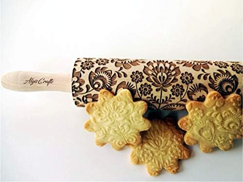 FOLK Embossed Rolling Pin Wooden Embossing Rolling Pin With Folksy Flowers for Pottery and Cookies by Algis Crafts