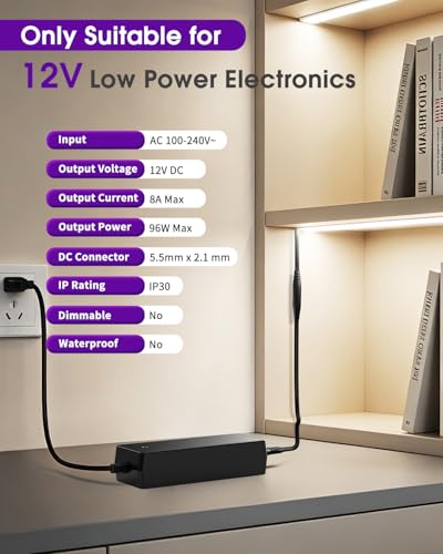 Image of HitLights 12V 96W Power Supply Adapter, UL-Listed 100-240V 50-60Hz AC to DC 12V 8A Transformer Charger Compatible with LED Strip Lights, CCTV & Other Low Voltage Devices