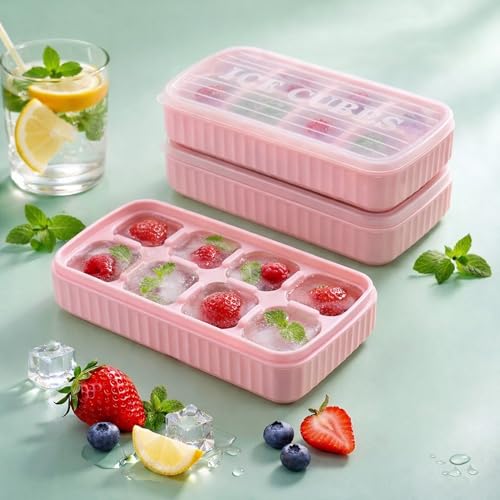 Image of BIDFUL [3 Pack] Pink Ice Cube Tray with Lids, 2-Inch Large Silicone Flexible 8-Cavity Ice Maker Molds for Whiskey & Cocktails, Easy-Release Reusable Ice Cubes, BPA-Free