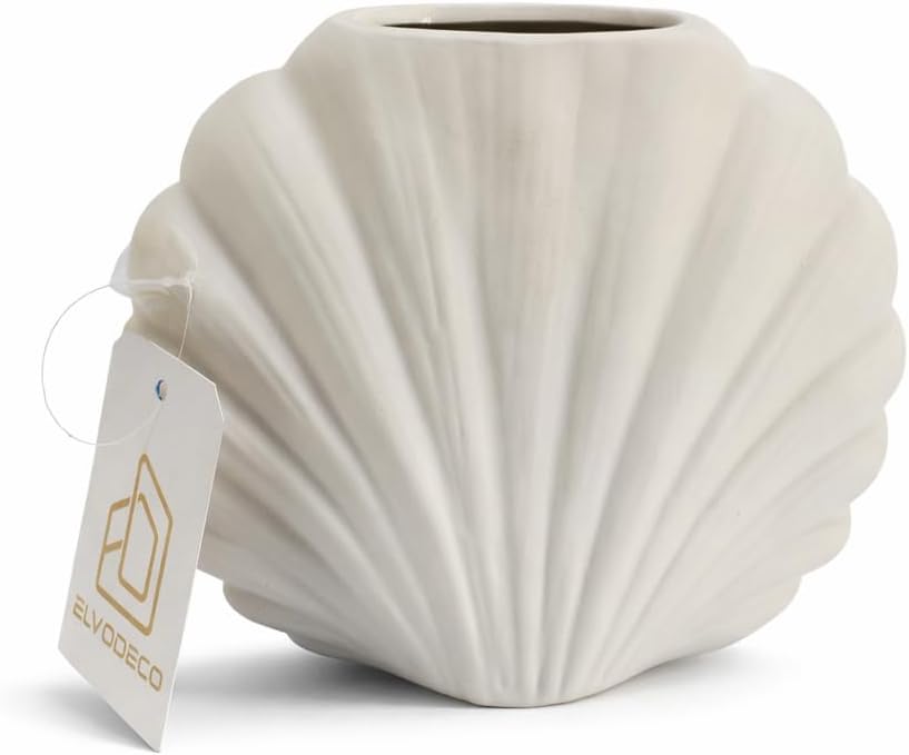 Ceramic Shell Vase, Matte White Decorative Vase for Home Decor, Modern Coastal Flower Vase for Pampas Grass, Small Tabletop Vase for Living Room Shelf Bedroom Entryway