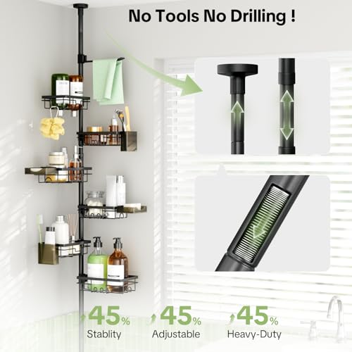 Dimyno Shower Tension Rod Organizer, 6 Tier Rustproof Corner Shower Caddy Tension Pole with Soap Holder & Hooks, Adjustable 30-121 Inch Bathroom Shelf for Renters - Family Stand Storage Rack, Black by Dimyno - Used condition - Image 3