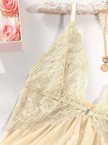 Image of Foxiny Sexy Open Front V Neck Ruffle Sheer Mesh Lace Wireless Babydoll Lingerie Dress with Thong 2 Piece