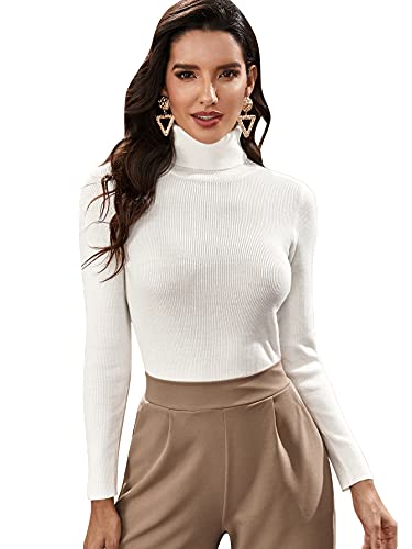 Shein Women's Long Sleeve Lightweight Pullover Turtleneck Slim Sweater Tee Tops Solid White Large #TOP17