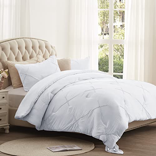Semech Pinch Pleat Queen Comforter Set, Microfiber Bedding Comforter Sets Queen Size, 3 Piece White Queen Size Comforter Set Lightweight, (Bright White, 88"X88") #TOP8