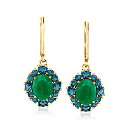 Ross-Simons 5.50 ct. t.w. Emerald and 2.80 ct. t.w. London Blue Topaz Drop Earrings in 18kt Gold Over Sterling