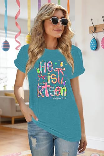 Image of Ithalt Easter Shirts for Women He is Risen Tshirt Easter Christian T-Shirt Jesus Lover Short Sleeve Tops