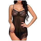 Aniywn Women's Lingerie Lace Babydoll V Neck Mesh Sheer Chemise Spagheeti Strap Sleepwear Eyelash...