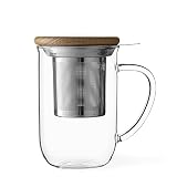 Teetasse Glas doppelwandig mit Griff, Thermoglas mit Edelstahl-Sieb für Losen Tee-Blätter und Bambus Holz-Deckel, 0.5 Liter
