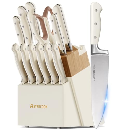 Knife Set,Astercook Kitchen Knife Set with Block 14-Piece Full Tang Stainless Steel Knives with Sharpener Dishwasher Safe and Anti-Slip Ergonomic Handle Elegant Cream White Utensils Set 14 P