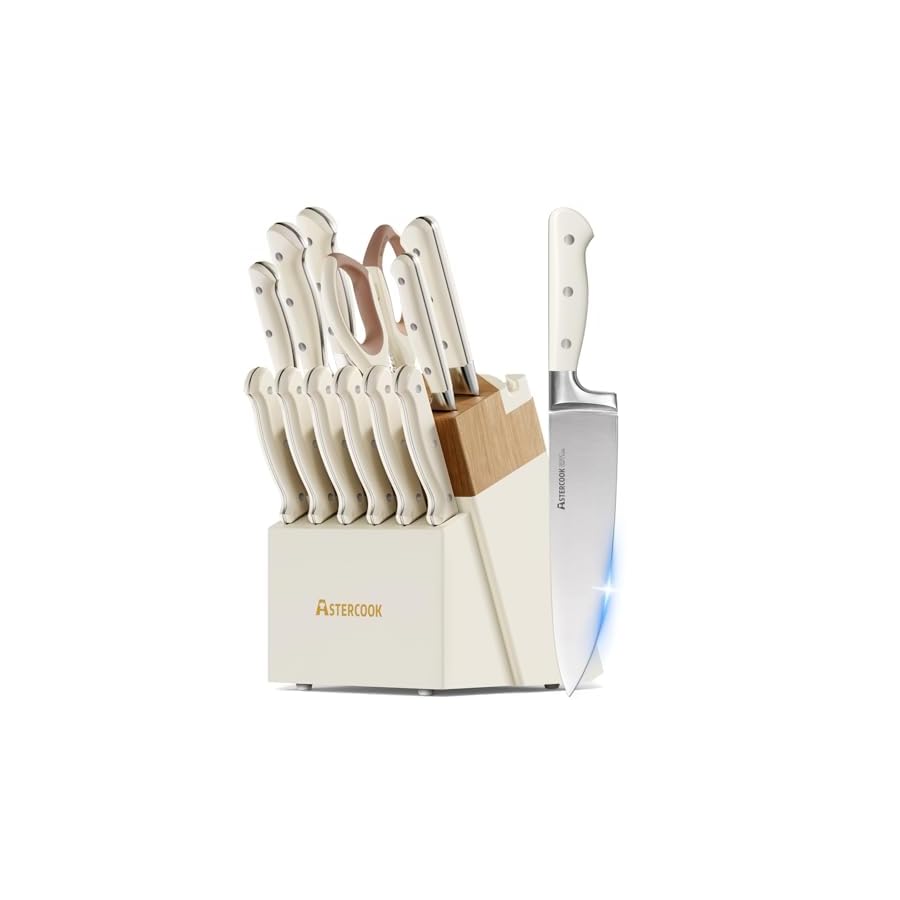 Knife Set,Astercook Kitchen Knife Set with Block 14-Piece Full Tang Stainless Steel Knives with Sharpener Dishwasher Safe and Anti-Slip Ergonomic Handle Elegant Cream White Utensils Set