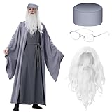 Maazusa Disfraz de mago para adultos, disfraz de hechizo medieval con túnica gris, sombrero de barba blanca, gafas de mago, capa para carnaval, fiesta temática