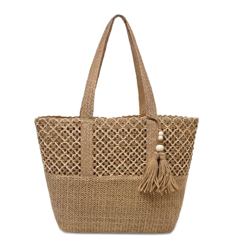 YAMEIZE Stroh Strandtasche für Damen Faltbare Große Gewebte Strohtasche Tasche Schultertasche mit Reißverschluss Sommerurlaub