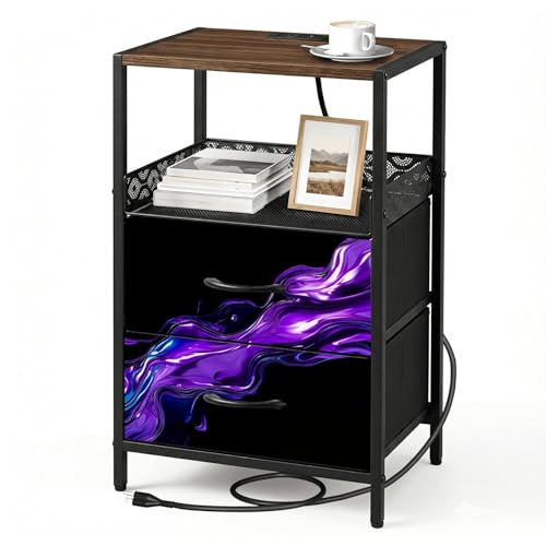 Nightstand with Charging Station & 2 Storage Drawers Small Bedside