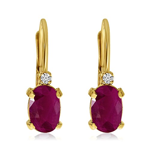 14k Yellow Gold Oval Ruby and Diamond Leverback Earrings