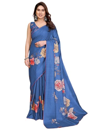 Image of Satrani Women's Tussar Silk Floral Printed Saree with Unstitched Blouse Piece