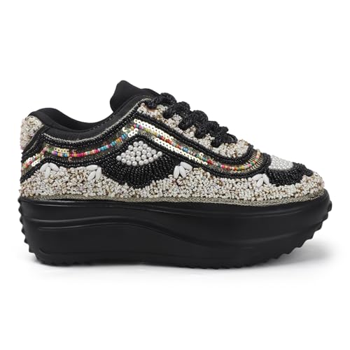 Image of LENSBURY Women Hand Embroidery Wedding Party Bridal Floral High Heel Sneakers I Cushioned Insole I Comfortable Wear Wedge Shoes I for Ladies and Girls LBCNV4037