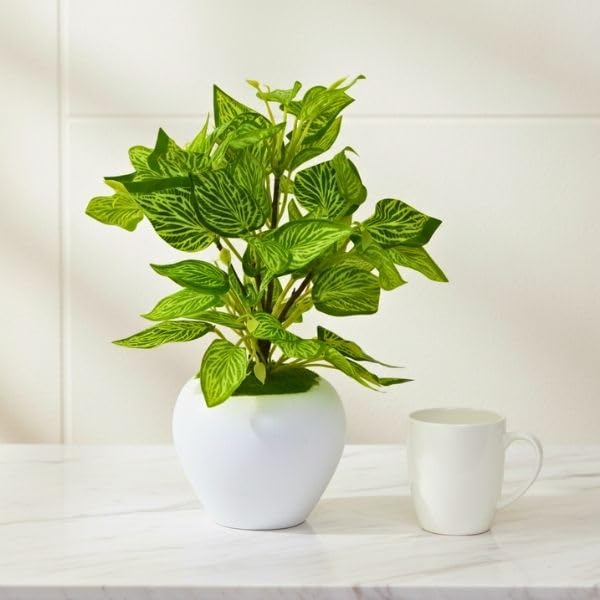 Image of fancymart Artificial Plant Leaves in Apple Pot (30 cm Height) | Small Potted Plant for Office Desk | Home Decor for Living Room | Cafe & Restaurant Table Decoration