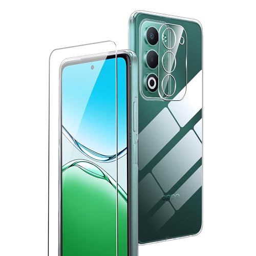 Rojeuinn Funda para OPPO A5 4G/5G/OPPO A5m+1 Piezas Cristal Vidrio Templado+1 Piezas Película Protectora de cámara Ultra Claro,dureza 9H,Suave, Ultrafina y Resistente a los Golpes - Transparente