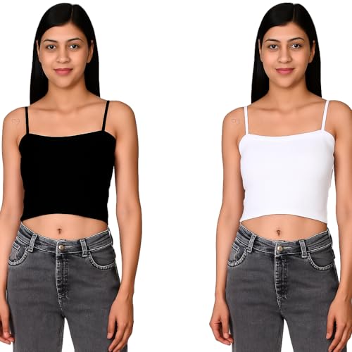 Image of SriSaras Women's Black & White Cotton Strechable Tank Tops /Crop Tops