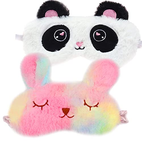 2 Pcs Kids Sleep Mask, Shinywear Sleeping Mask Eye Mask for Girls Boys Women, Cute Rabbit and Panda Sleep Mask, Soft Plush Blindfold Eye Mask Covers for Sleep