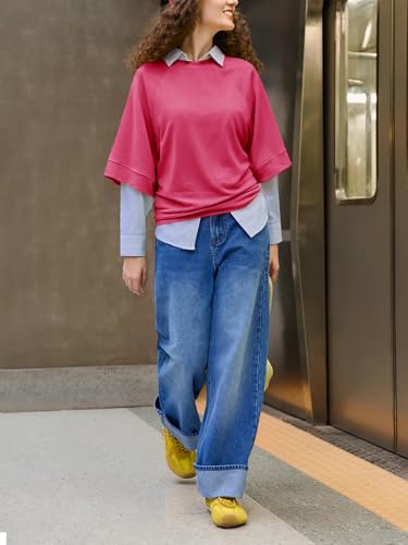 Image of Tankaneo Womens Oversized Half Sleeve T-Shirts Crew Neck Boxy Basic Tees Tops Summer Casual Loose Fit Tunic Shirts