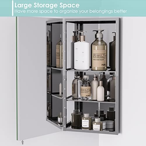 FOREHILL Corner Mirror Cabinet Bathroom Cabinet Wall Mounted Single Mirror Door Cabinet Stainless Steel Cupboard 30x21x60cm