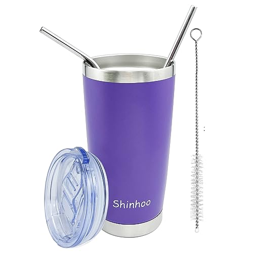 Shinhoo 20oz/ 550ml Tumbler with Straw and Lid, Double Wall Vacuum Insulated Thermal Coffee Flask Travel Mug Stainless Steel Reusable Cup for Hot Cold Drinks, BPA Free (Purple)