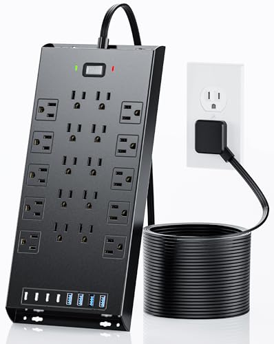 Image of Surge Protector Power Strip 4800J, LeZone 10Ft Long Extension Cord Flat Plug, 20 Outlets 4 USB-A 4 USB-C Ports, Wall Mountable, Home Office Dorm Essentials, Black