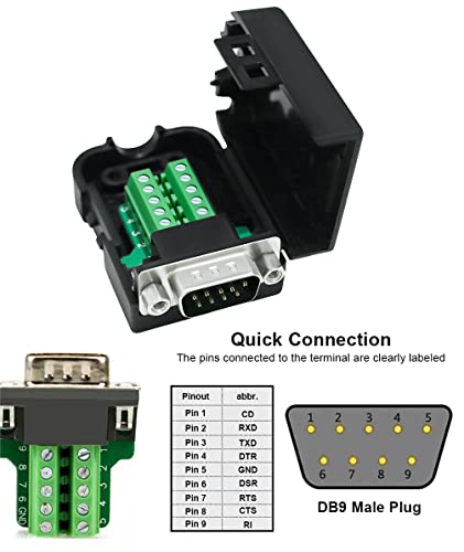 Image of DTECH DB9 Breakout Connector Male RS232 Connector Kit Serial Adapter DB-9 Solderless Module Board with Terminals Block, Case, Nuts and Tail Pipes (DB9 Male + Nuts)