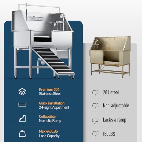 Image of 46 inch Heavy Duty Dog Washing Station - 304 Stainless Steel Pet Bathing Tub with Left Side Ramp, Elevated Grooming Sink with Storage Drawer & Removable Floor Grate, Outdoor Ready for Large & Medium Dogs | 304 Stainless Steel