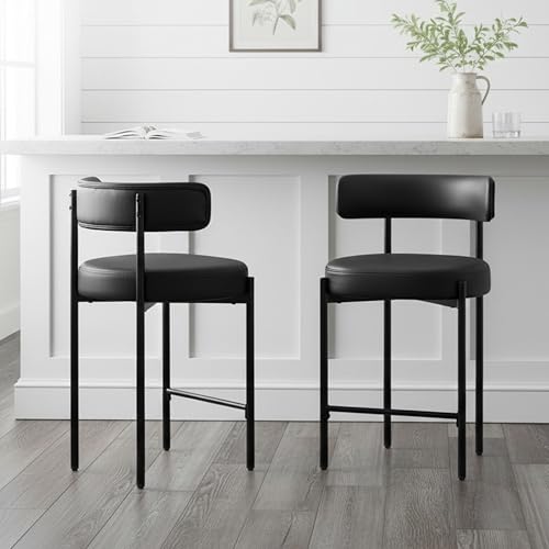 Butacos Solstrand de altura para barra, 24 pulgadas, cuero sintético negro, marco metálico negro, cojín grueso de 3,5 pulgadas, respaldo curvo, capacidad de 350 libras, para isla de cocina de 35"–39" miniatura 6