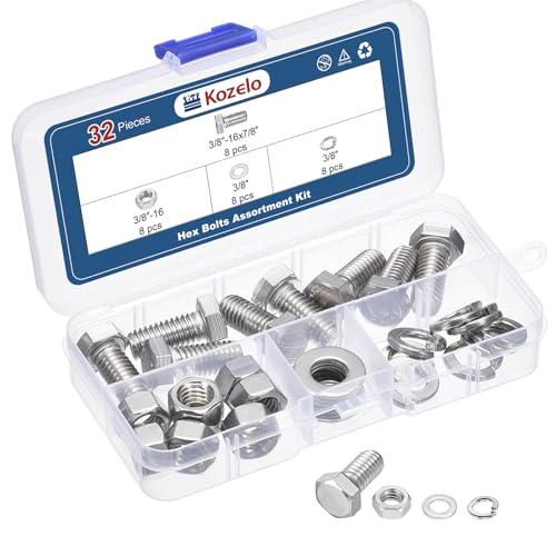 Kozelo 32 pièces kit écrou à tête hexagonale rondelle 3/8-16x7/8 304 SS