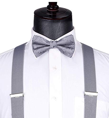 Image of HISDERN Bow Tie and Suspenders for Men Elastic X-Back Suspender and Bowtie Set Adjustable Braces for Wedding Tuxedo