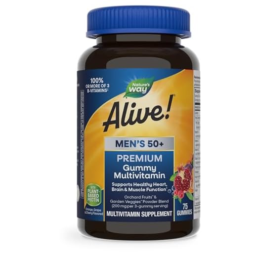 Nature’s Way Alive! Men’s 50+ Premium Gummy Multivitamin, Supports Healthy Heart, Brain & Muscle Function*, B-Vitamins, Vegetarian, Grape, Orange and Cherry Flavored, 75 Gummies (Packaging May Vary)