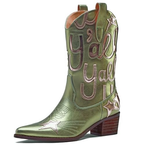 Metallic Cowboy boots for Women Embroidered Mid Calf Womens Cowgirl Boots Western Pointed Toe Chunky Heel2