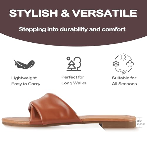 Image of Women's Flat Sandals Round Open Toe Comfortable Fashion Cute Ladies Slides Sandals Women Dressy Summer Flat Leather Casual Fashion Beach Shoes Size 6-11