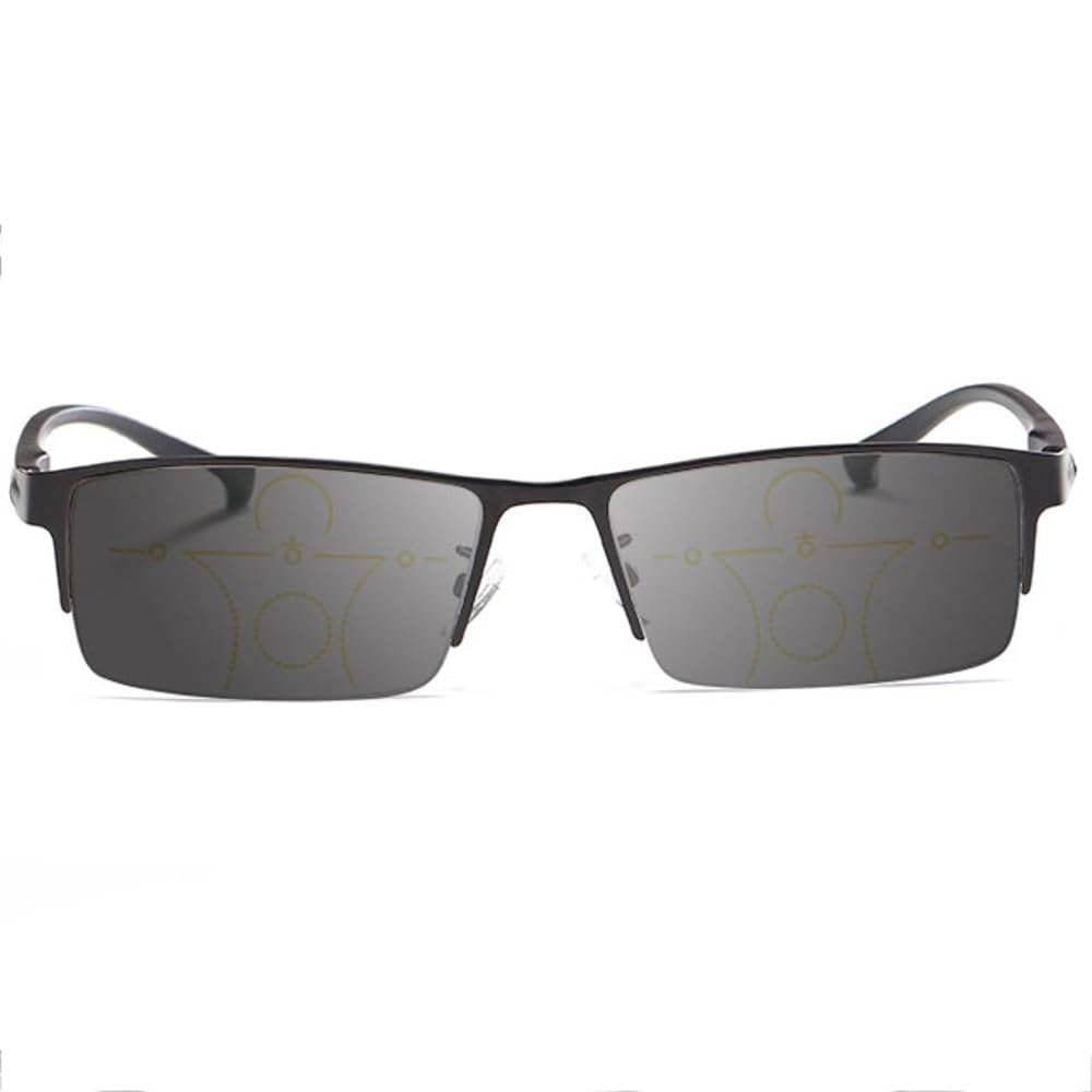SFIVE Selbsttönende Gleitsicht Sonnenlesebrille Unisex，HD Halber Rahmen Presbyopie Brille Schwarz，Progressive Multifokus Lesebrille Tragbare 1.5 (Color : Black, Size : +2.0)