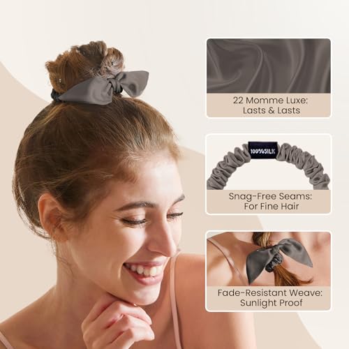 Image of THXSILK 100% Mulberry Silk Bow Scrunchies 3-Pack, 22 Momme Mulberry Silk Hair Ties for Women, Cute Bunny Ear No Damage Ponytail Holders, Fashion Hair Accessories for Girls(S, Dark Grey)
