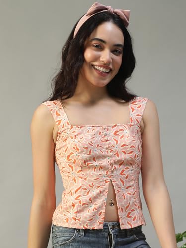 Image of oxolloxo Women Printed Top with Square Neck, Smocked Back, Shoulder Straps, Button Fly and Front Slit in Soft Poly Seersucker Dobby Fabric
