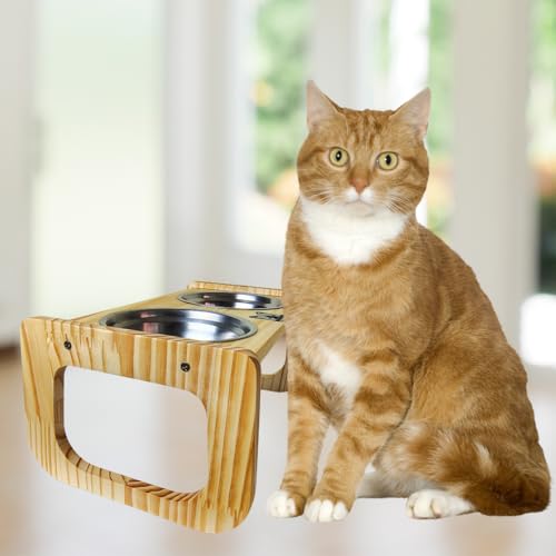 Comedouro para Gatos Elevado Inox de Madeira Pinus - Ergonômico, Tigela Removível, Ideal para Gatos