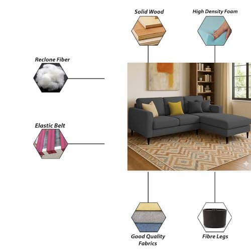 Image of Casaliving Grayon 3 Seater Convertible Sofa Set for Living Room, 3 Seater & Ottoman Modular Sectional Couch for Small Space (Black Colour) Fabric Sofa Set for Living Room