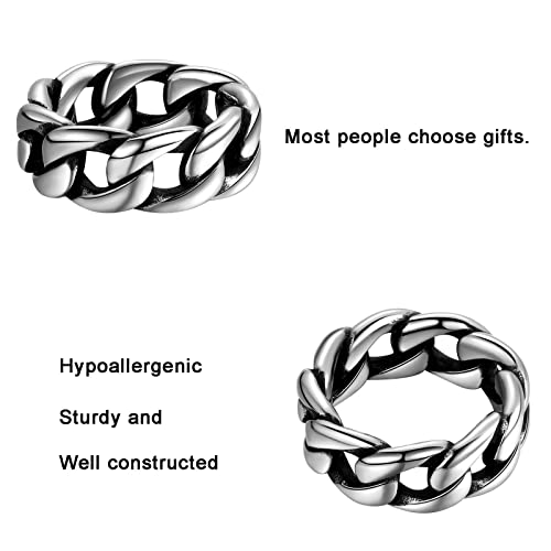 Hipunk Men Women Stainless Steel Cuban Link Ring - 6.5mm 9.5mm Wide Curb Chain Ring Wedding Band Biker Ring Twisted Chunky Dome Ring, Silver Black Engagement Stackable Rings, Size 6 to 12 SR0017G-10