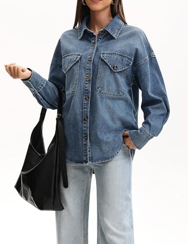 Women's Oversized Denim Shirt Long Sleeve Boyfriend Jean Jacket Button Down Blouse Top4