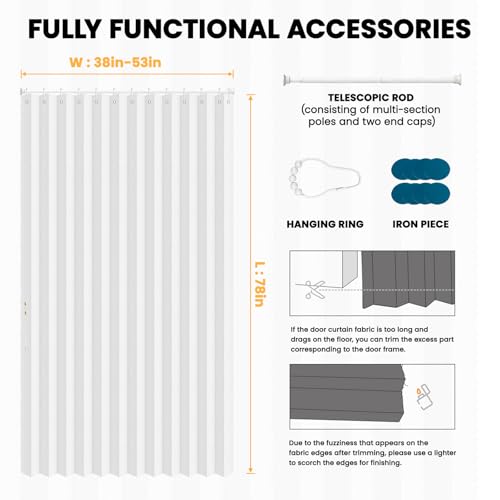 Image of AJAZZ Blackout Magnetic Door Curtain with Curtain Rods Adjustable 28-52 inch Long Accordion Door Closet Door Curtain Invisible Applicable Bedroom Room Living Room Doorway (1 Pack, 53 W x 78 L, White)