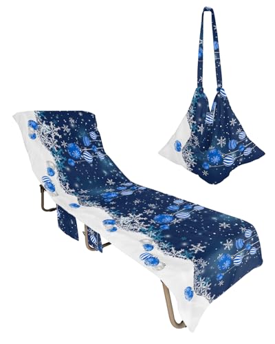 Christmas Balls Beach Chair Towel Covers for Chaise Lounge with Side Pocket, Soft Plush Pool Towels Cover for Patio Sunbathing Outdoor 29''x85'' Winter Fantasy Snowflake Blue