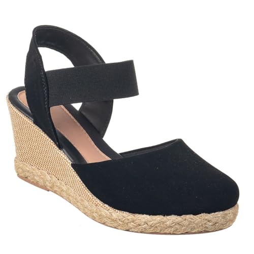 Sandália Feminina Anabela de Salto Elástico Confortável Flat Grosso Macia (Preto, BR, Adulto, Numérico, 35)