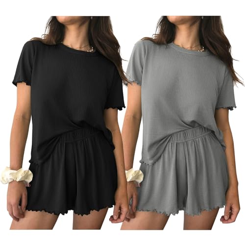 Image of Ekouaer 2 Packs Women Pajama Set Short Sleeve Sleepwear Soft Top and Shorts | Casual Pjs Outfits Ribbed Knit Lounge Set with Pockets