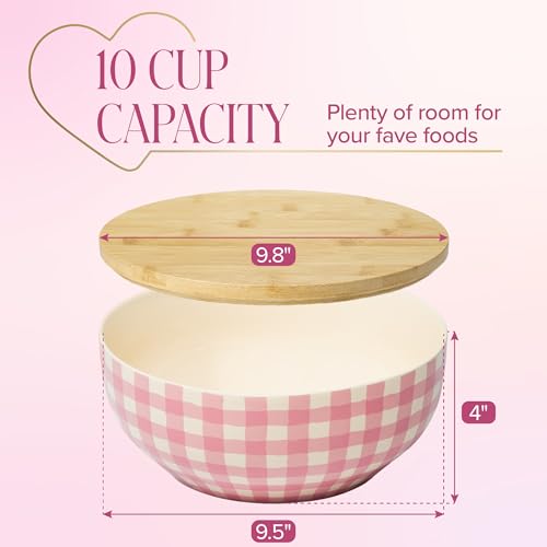 Image of Paris Hilton Serving Bowl with Bamboo Lid, Stoneware Salad Bowl with Pink Gingham Print Exterior, Lid Doubles as Cutting Board, 10-Cup, Pink