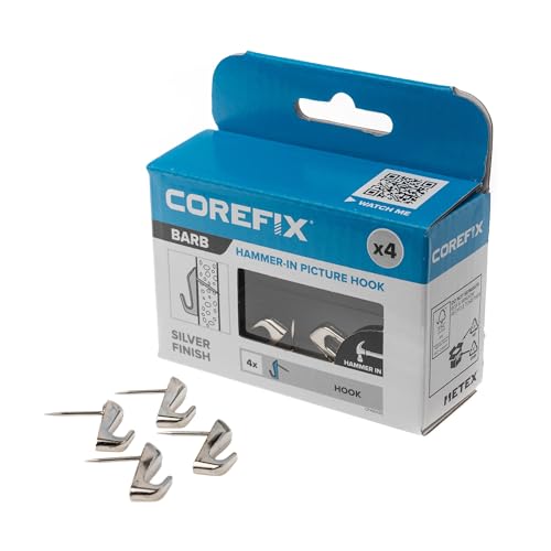 Image of Corefix Barb Wall Hook 4 Pack Universal Hammer-in Picture Hooks, Wall Hooks for Hanging Frames, Mirrors or Canvas into Drywall or Wood. Removable and Reusable Hook with Neat Modern Finish (Silver)