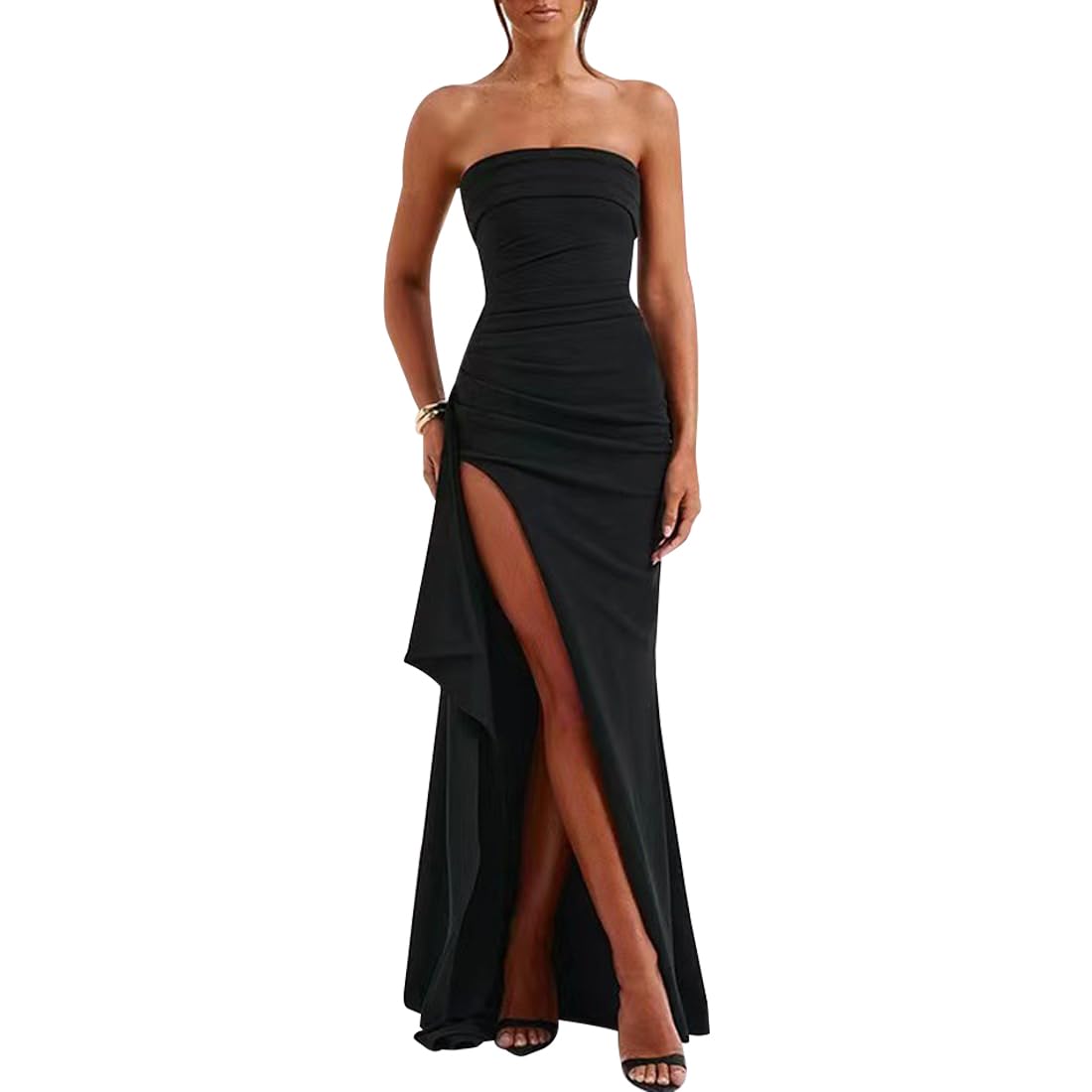 JYIXXZX Womens Strapless Maxi Evening Dress Sexy High Slit Ruched Party Long Dress Irregular Hem Elegant Bandeau Dresses Sleeveless Bodycon Prom Dresses for Club Cocktail Wedding Formal Gowns Black
